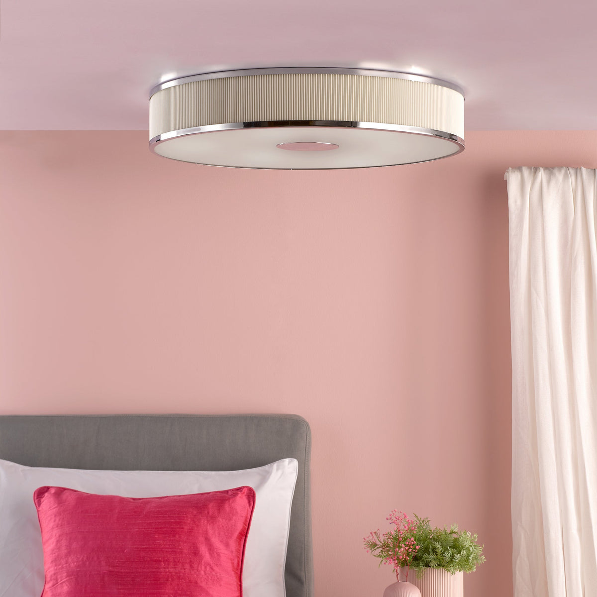 Alvaro Large Semi Flush Ceiling Light In Polished Chrome With Pleated Ivory Shade