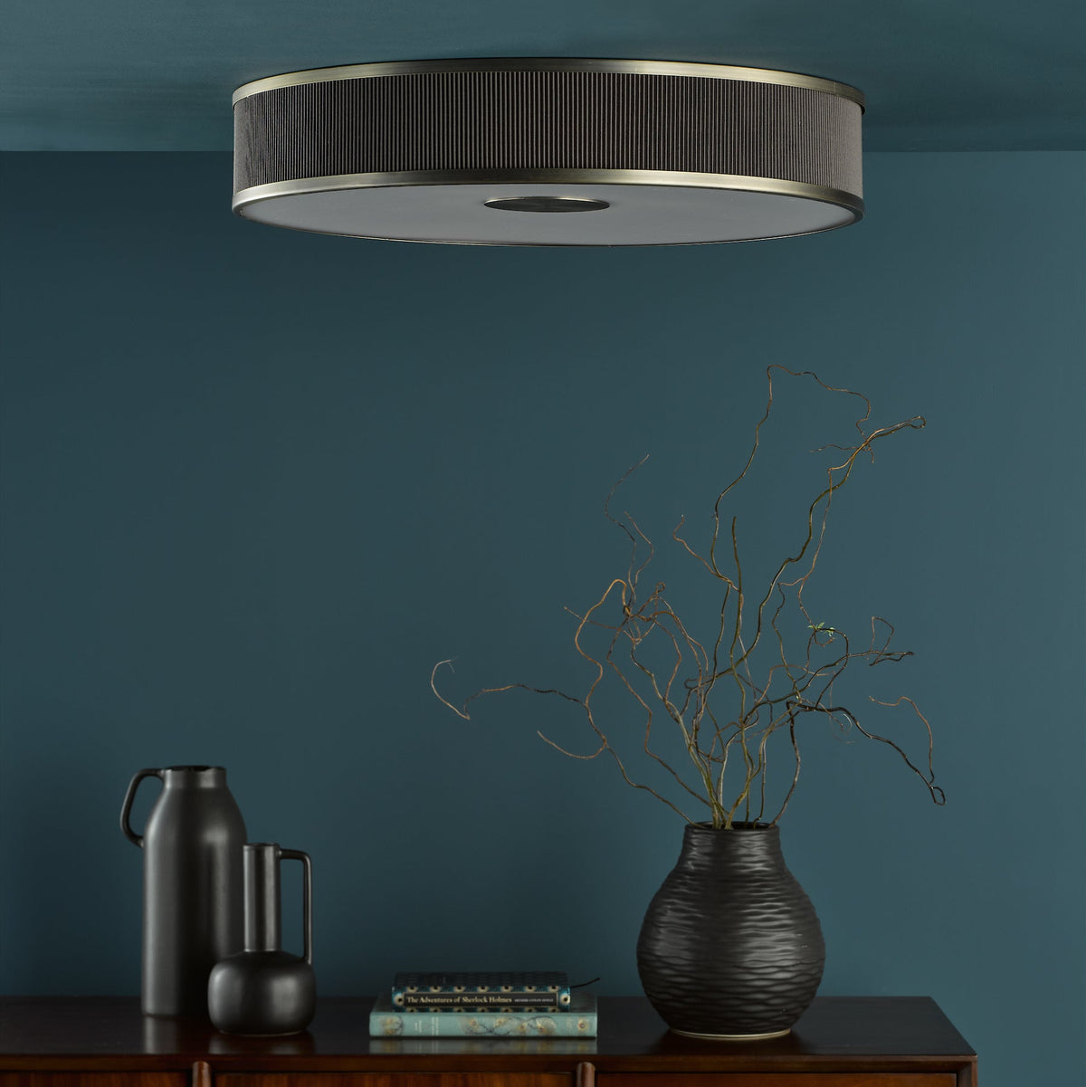 Alvaro Large Semi Flush Ceiling Light In Antique Bronze With Pleated Mushroom Shade