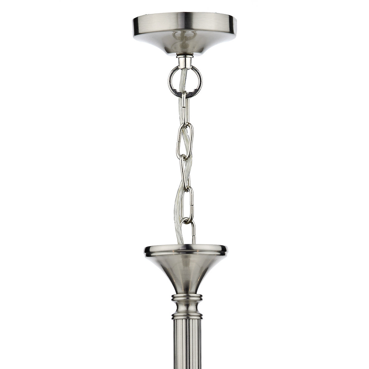 Brushed nickel chandelier chain and canopy on a white background.