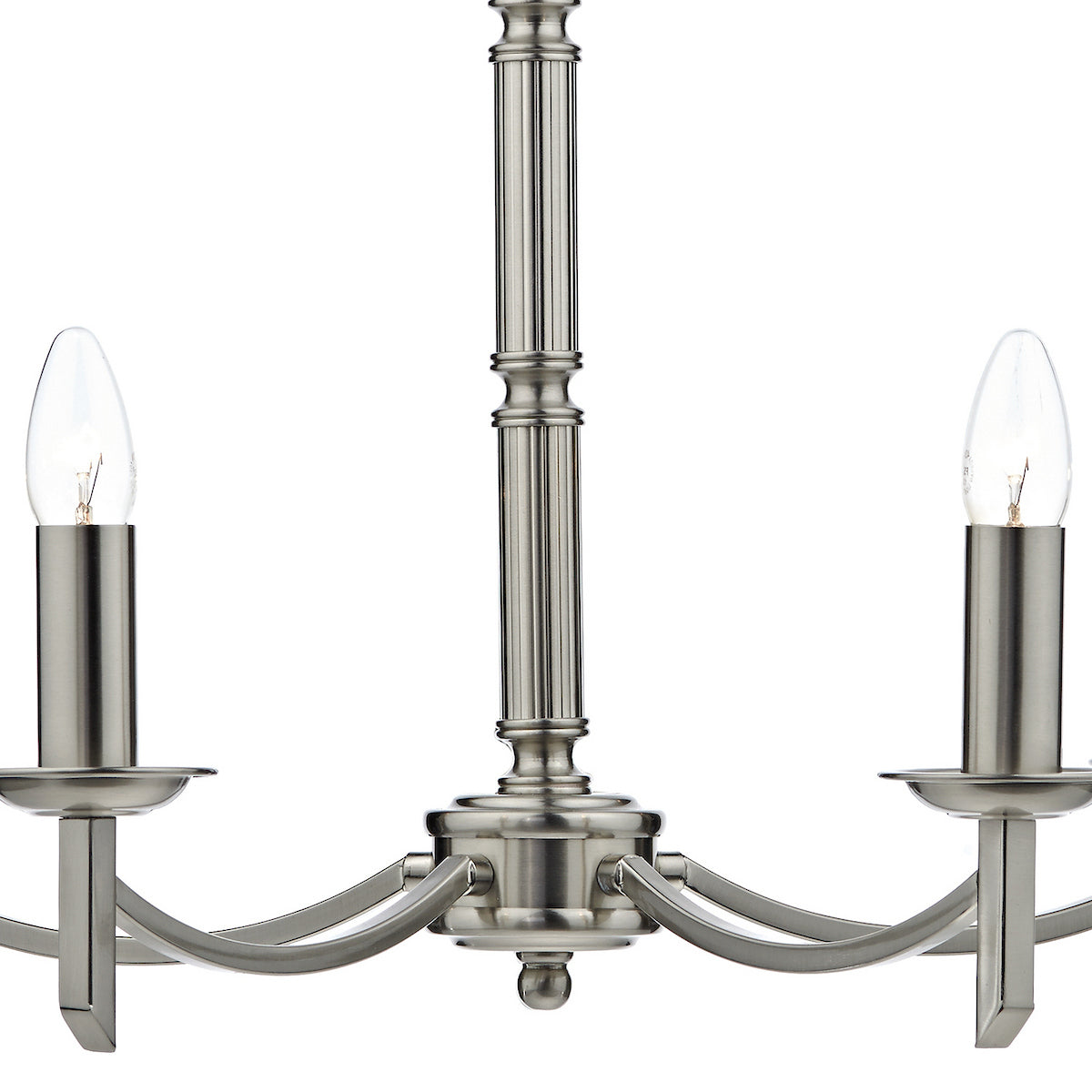 Brushed nickel chandelier with two exposed candle-style bulbs.