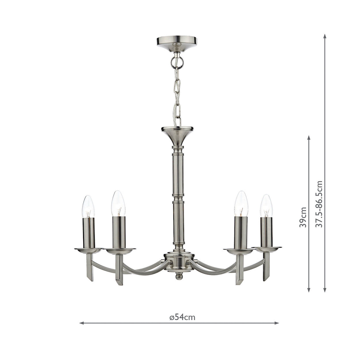 Brushed steel chandelier with four candle-style bulbs and dimensions.