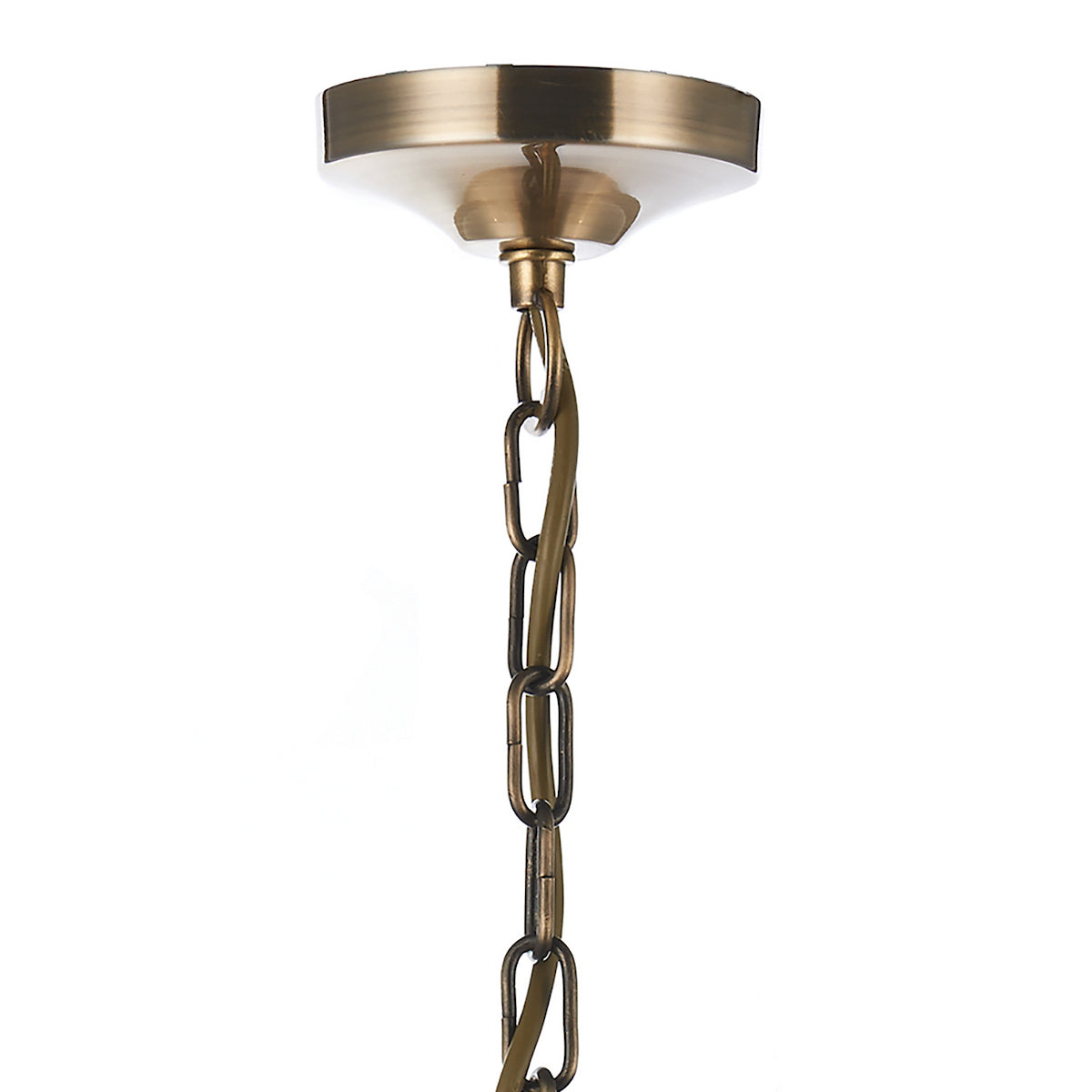Close-up of a brass ceiling rose with a matching chain and electrical cord, on a white background.