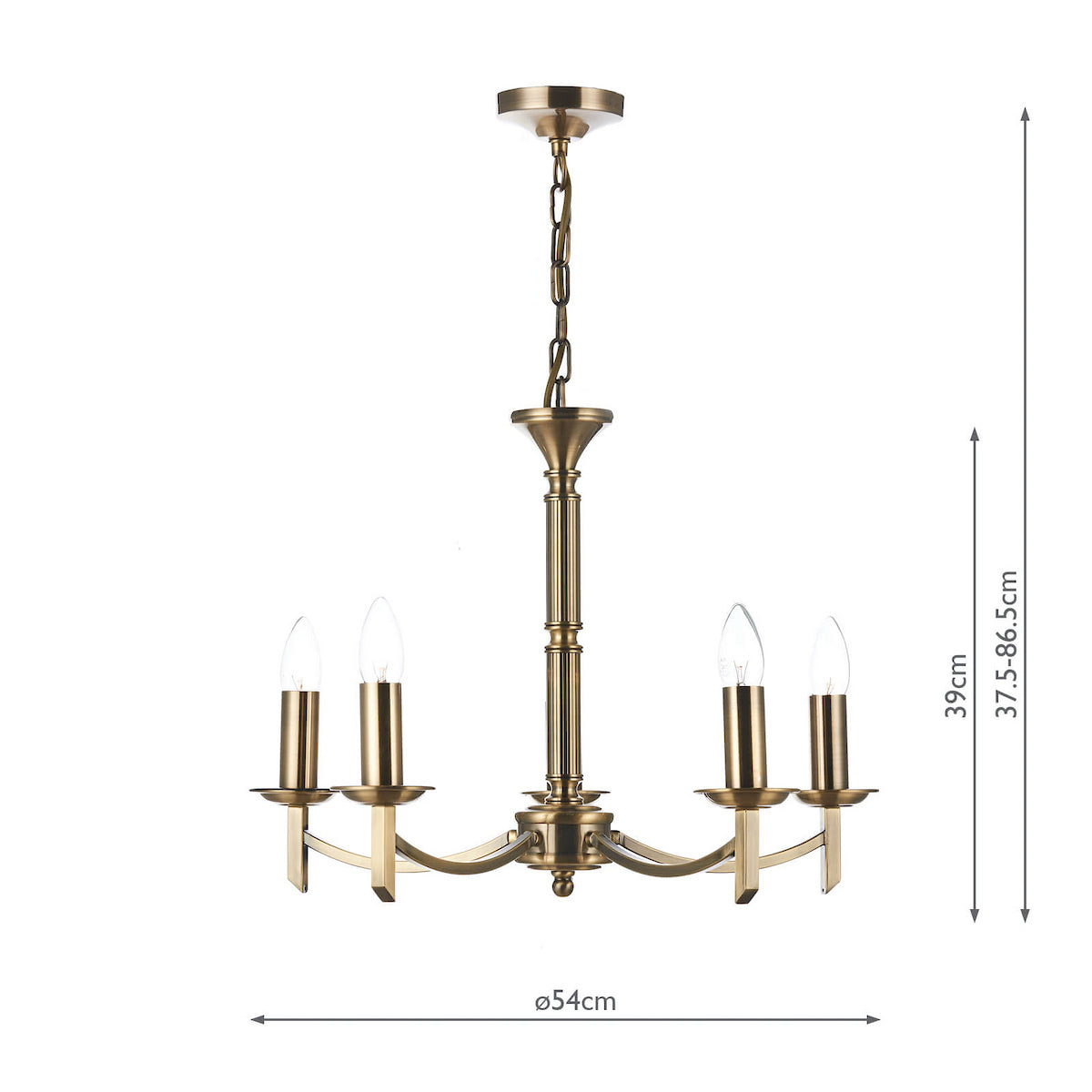 A brass chandelier with four candle-style lights and dimensions of 54cm diameter and 37.5-86.5cm height.