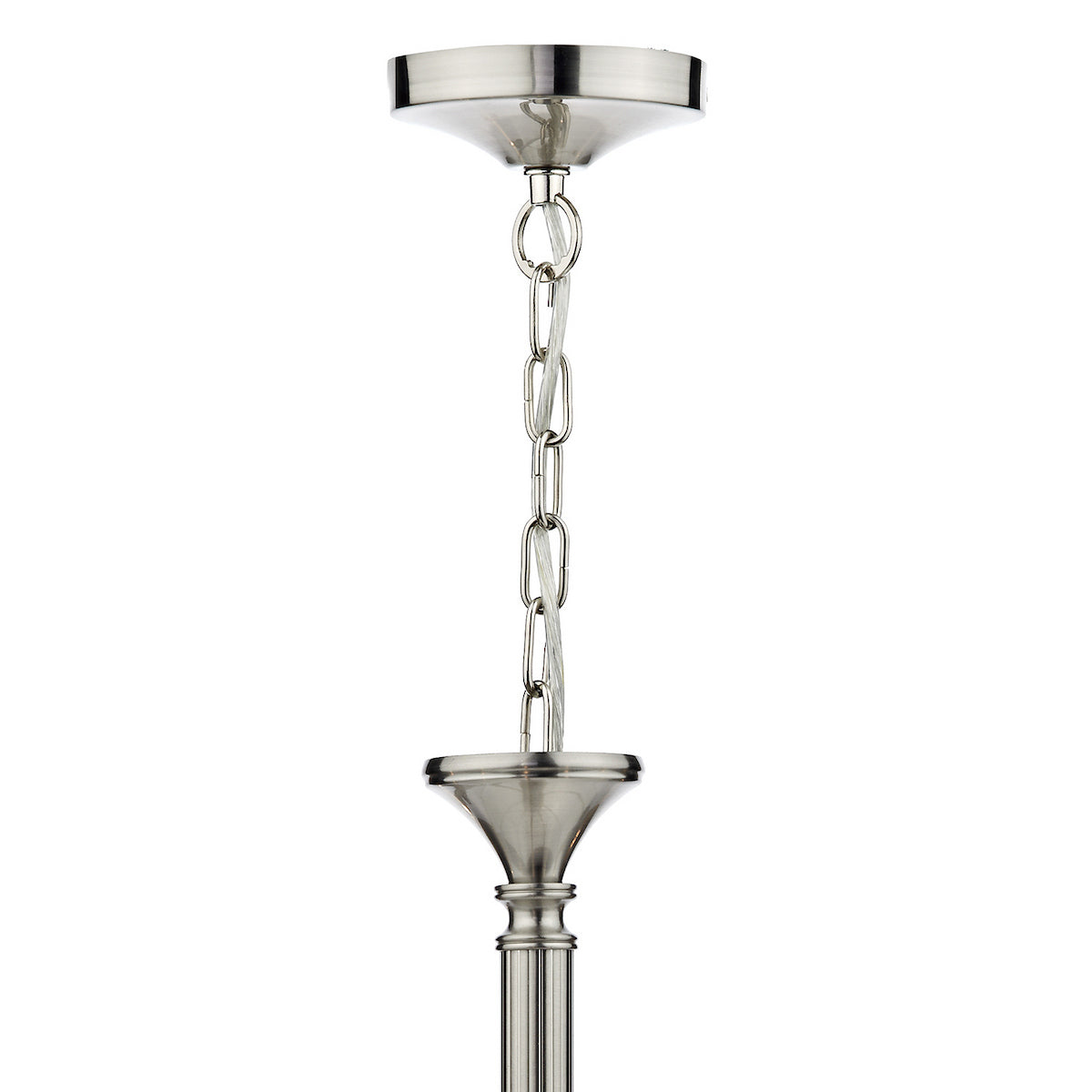Brushed nickel chandelier chain and canopy on a white background.