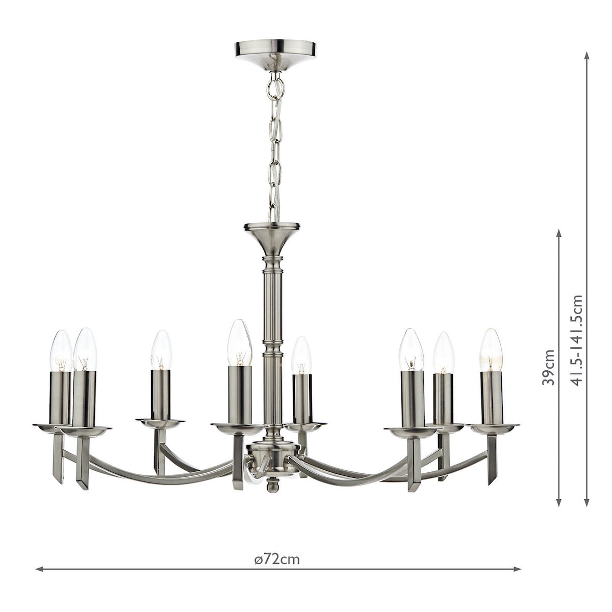 Brushed chrome chandelier with six candle-style bulbs, 72cm wide, 41.5-141.5cm high.