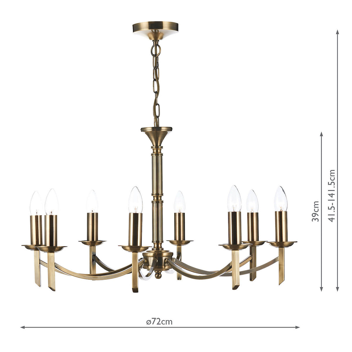 A brass chandelier with eight candle-style bulbs and dimensions of 72cm width and 41.5-141.5cm height.