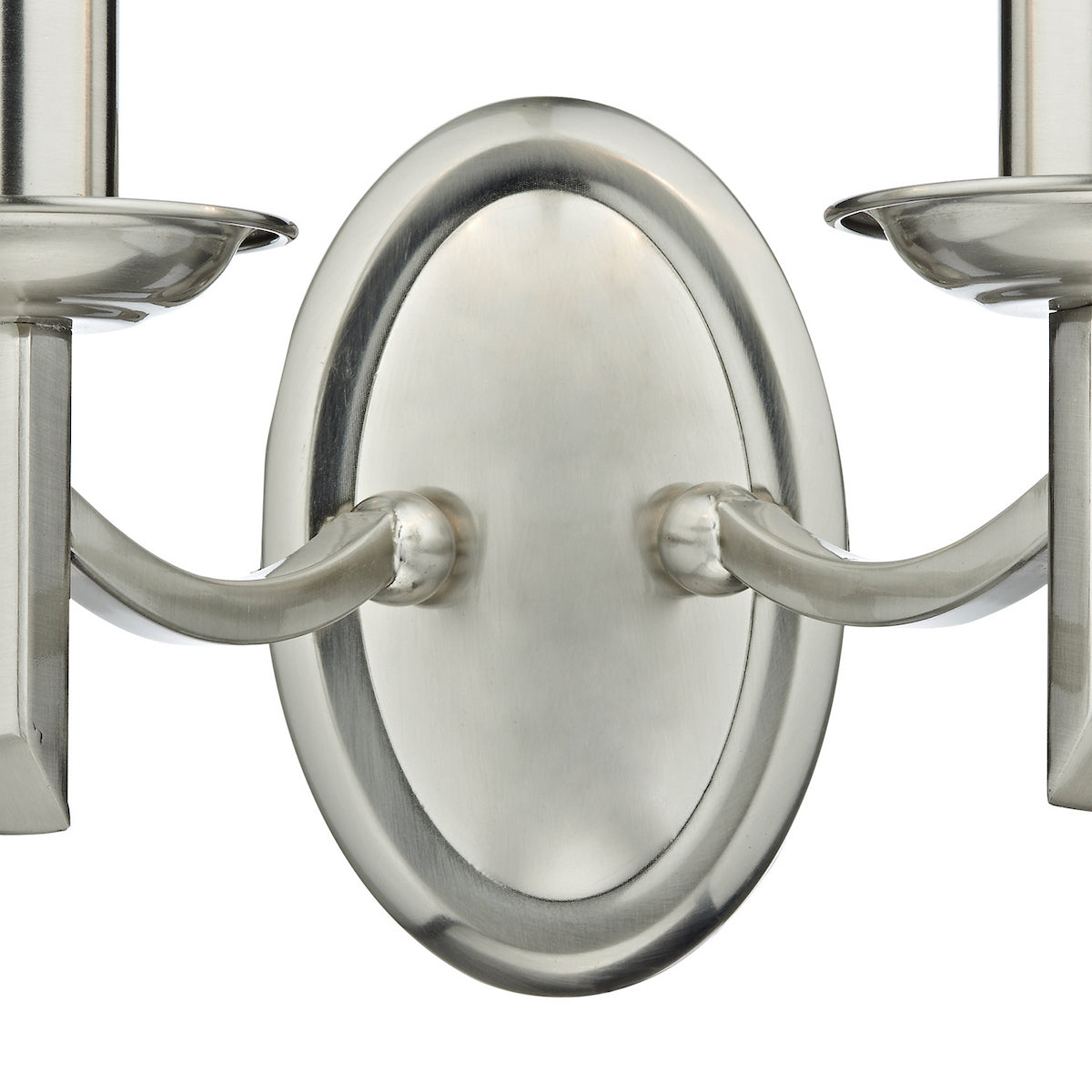 Brushed nickel wall sconce with two candle-style lights and an oval backplate.