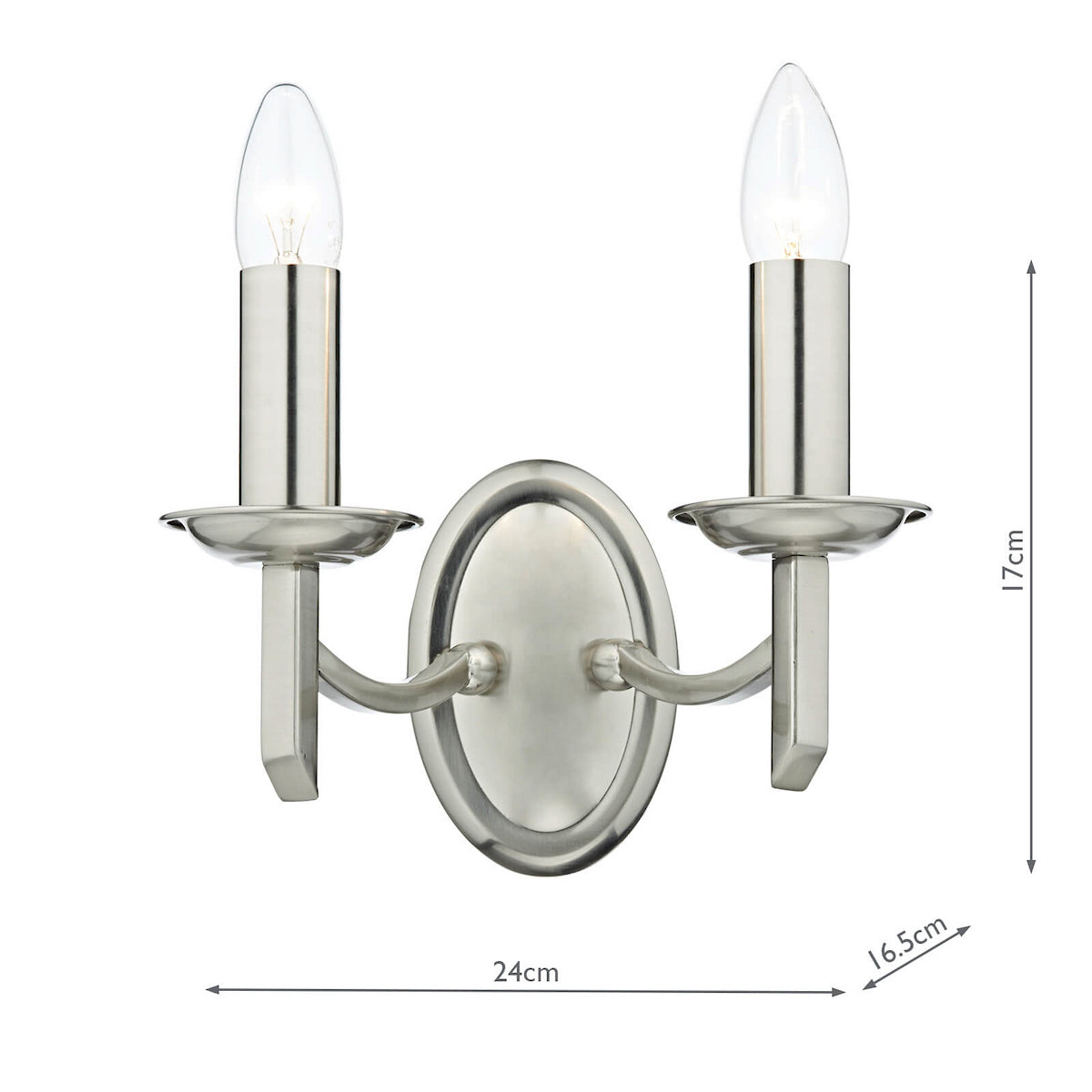 Brushed chrome double wall light with two candle-style bulbs and measurements.
