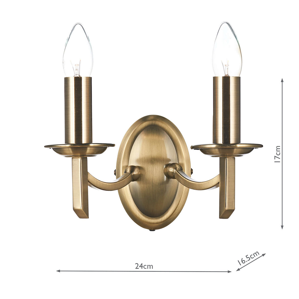 Antique brass wall light with two candle-style bulbs, measuring 24cm wide and 17cm high.