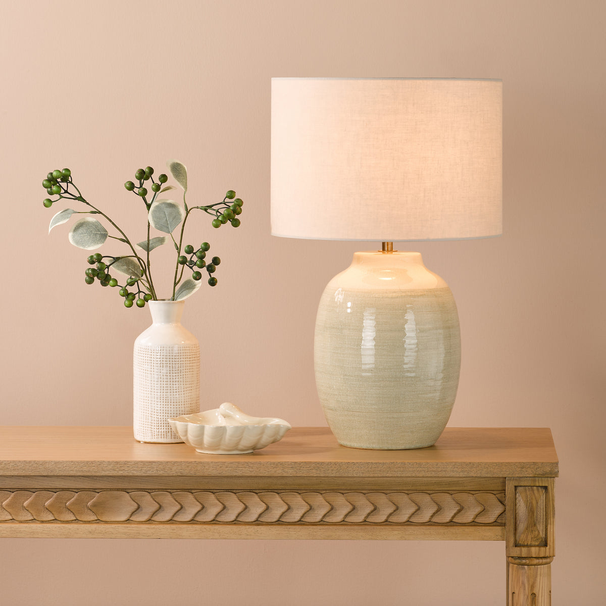 Amsara Ceramic Table Lamp in Pale Green with Ivory Linen Shade