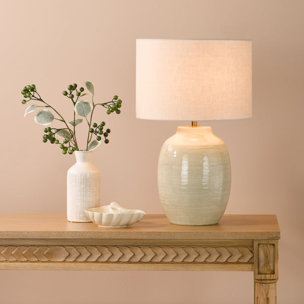 Amsara Ceramic Table Lamp in Pale Green with Ivory Linen Shade
