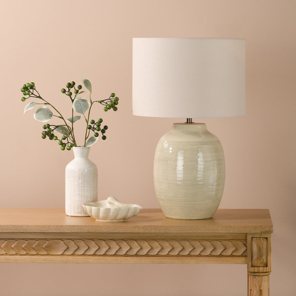 Amsara Ceramic Table Lamp in Pale Green with Ivory Linen Shade