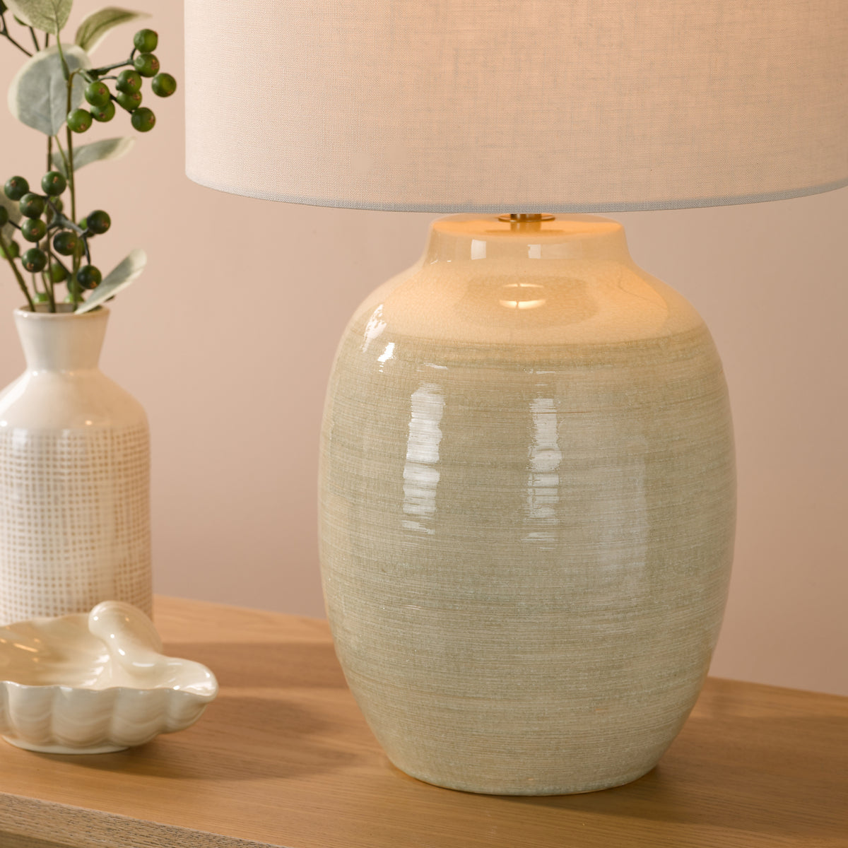 Amsara Ceramic Table Lamp in Pale Green with Ivory Linen Shade