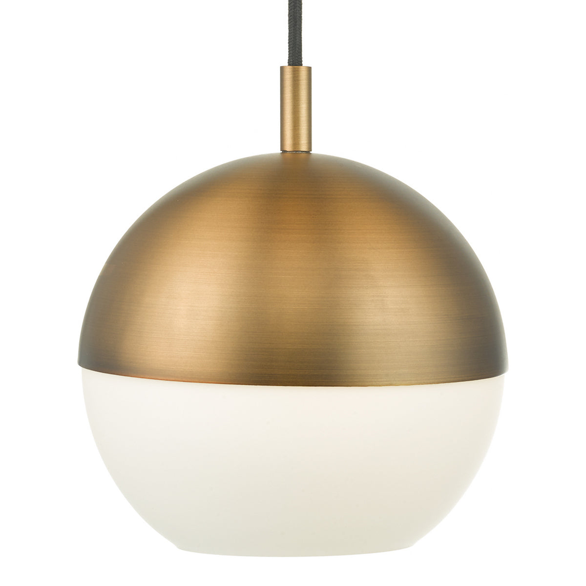 Bronze and white spherical pendant light with a black cord.