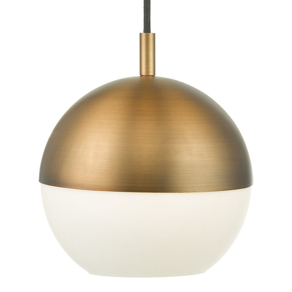Bronze and white spherical pendant light with a black cord.