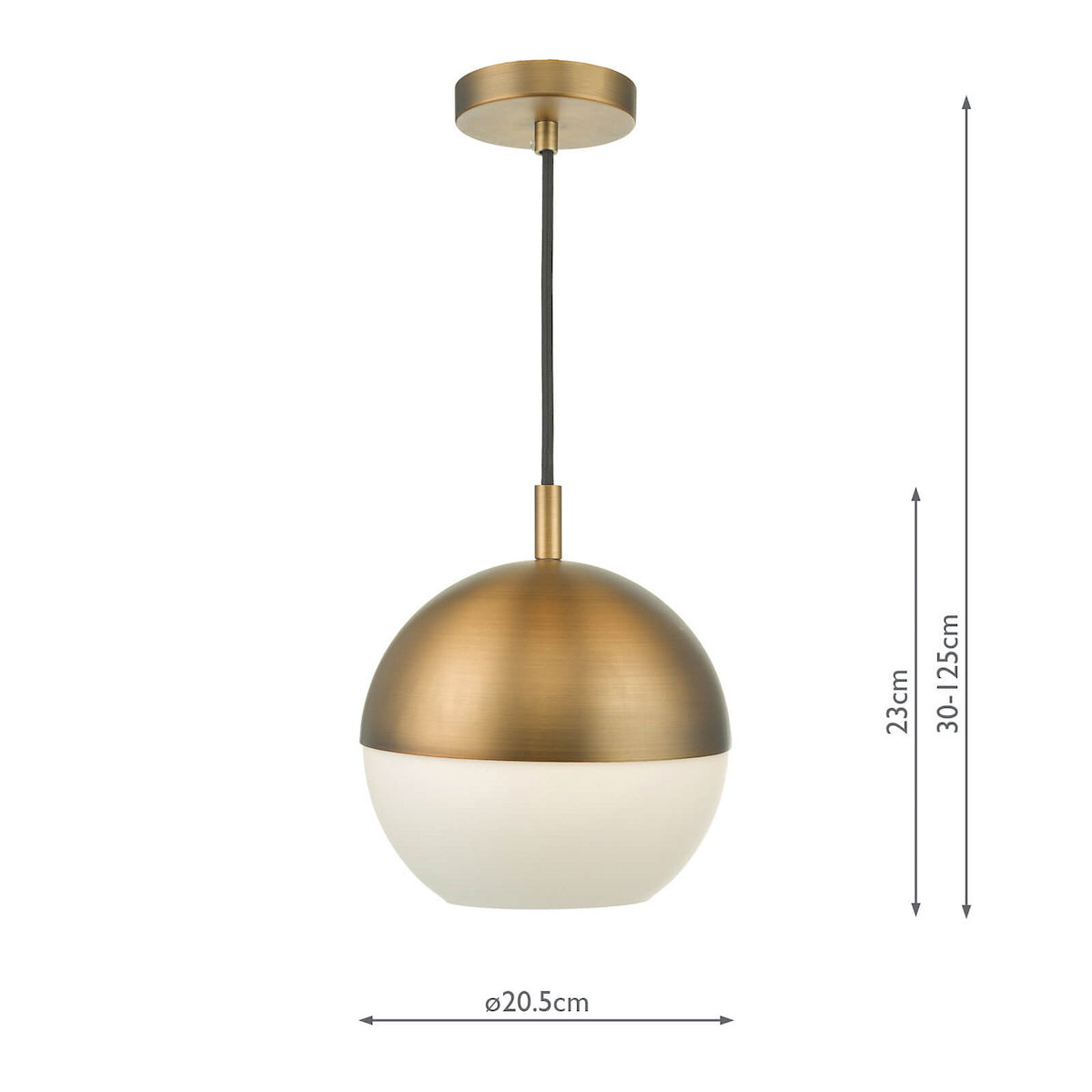Brass and white spherical pendant light with dimensions.