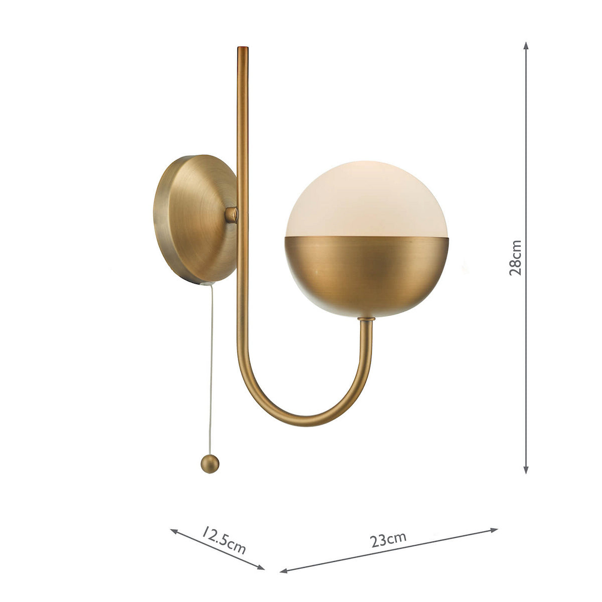 Brass wall light with a frosted globe shade and a pull cord switch.