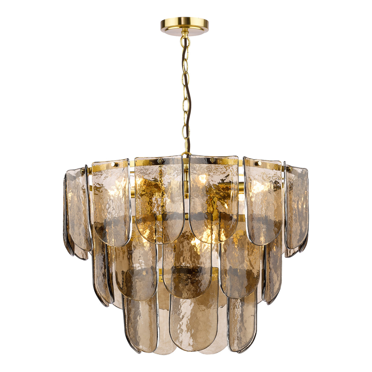 Anielle Nine Light Chandelier in Natural Brass with Tea Smoked Glass Panels