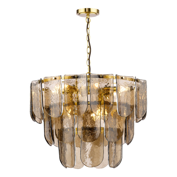 Anielle Nine Light Chandelier in Natural Brass with Tea Smoked Glass Panels