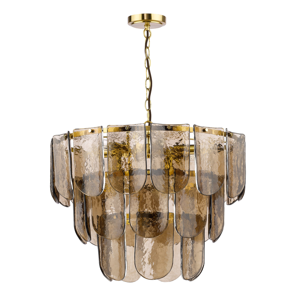 Anielle Nine Light Chandelier in Natural Brass with Tea Smoked Glass Panels