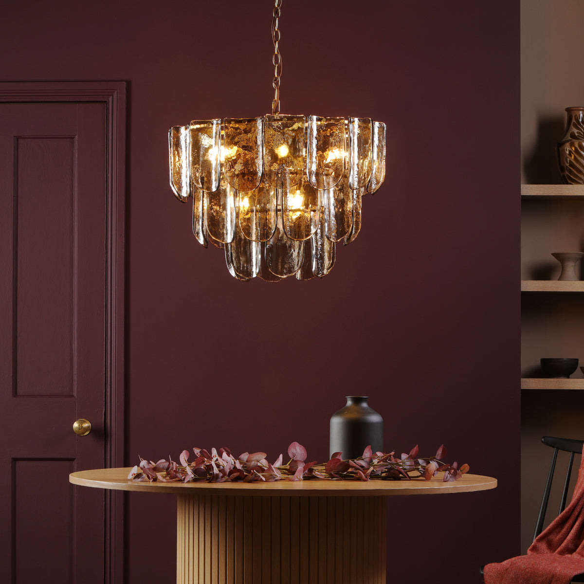 Anielle Nine Light Chandelier in Natural Brass with Tea Smoked Glass Panels