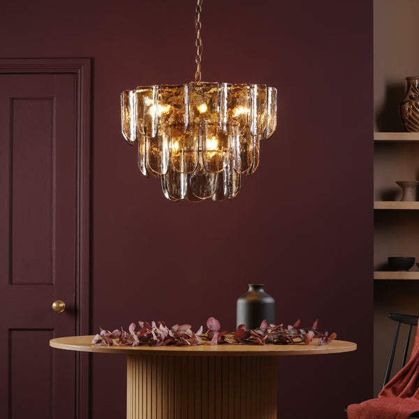 Anielle Nine Light Chandelier in Natural Brass with Tea Smoked Glass Panels