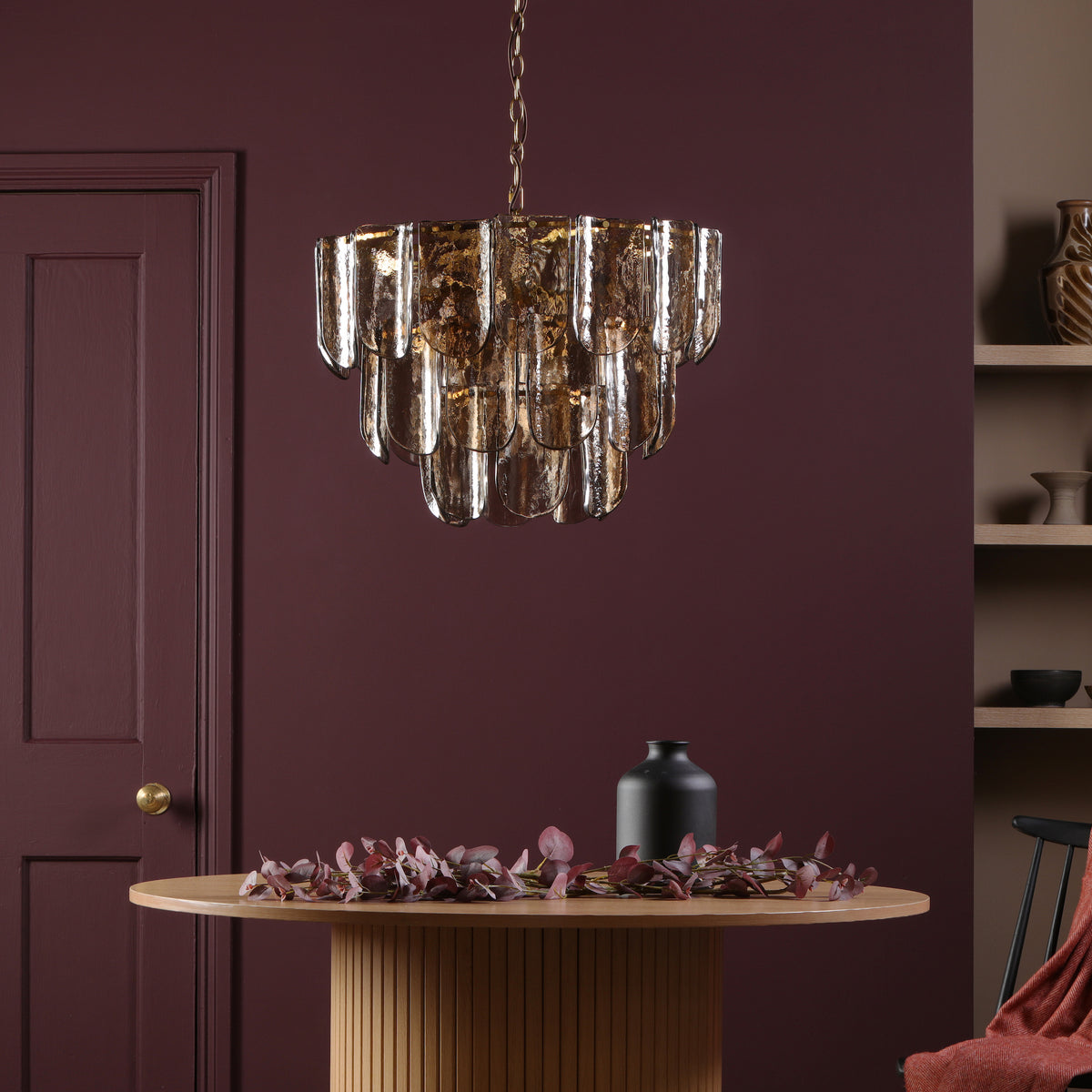 Anielle Nine Light Chandelier in Natural Brass with Tea Smoked Glass Panels