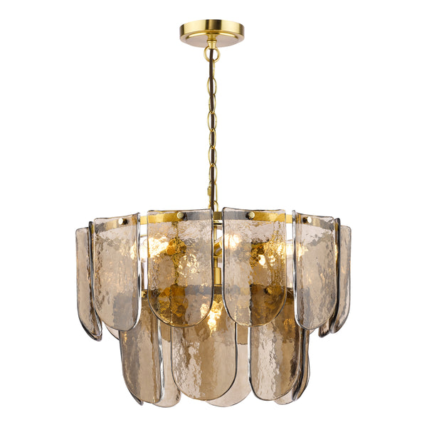 Anielle Seven Light Chandelier in Natural Brass with Tea Smoked Glass Panels