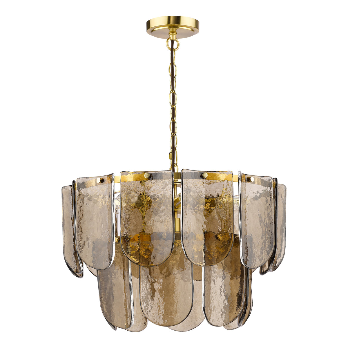 Anielle Seven Light Chandelier in Natural Brass with Tea Smoked Glass Panels