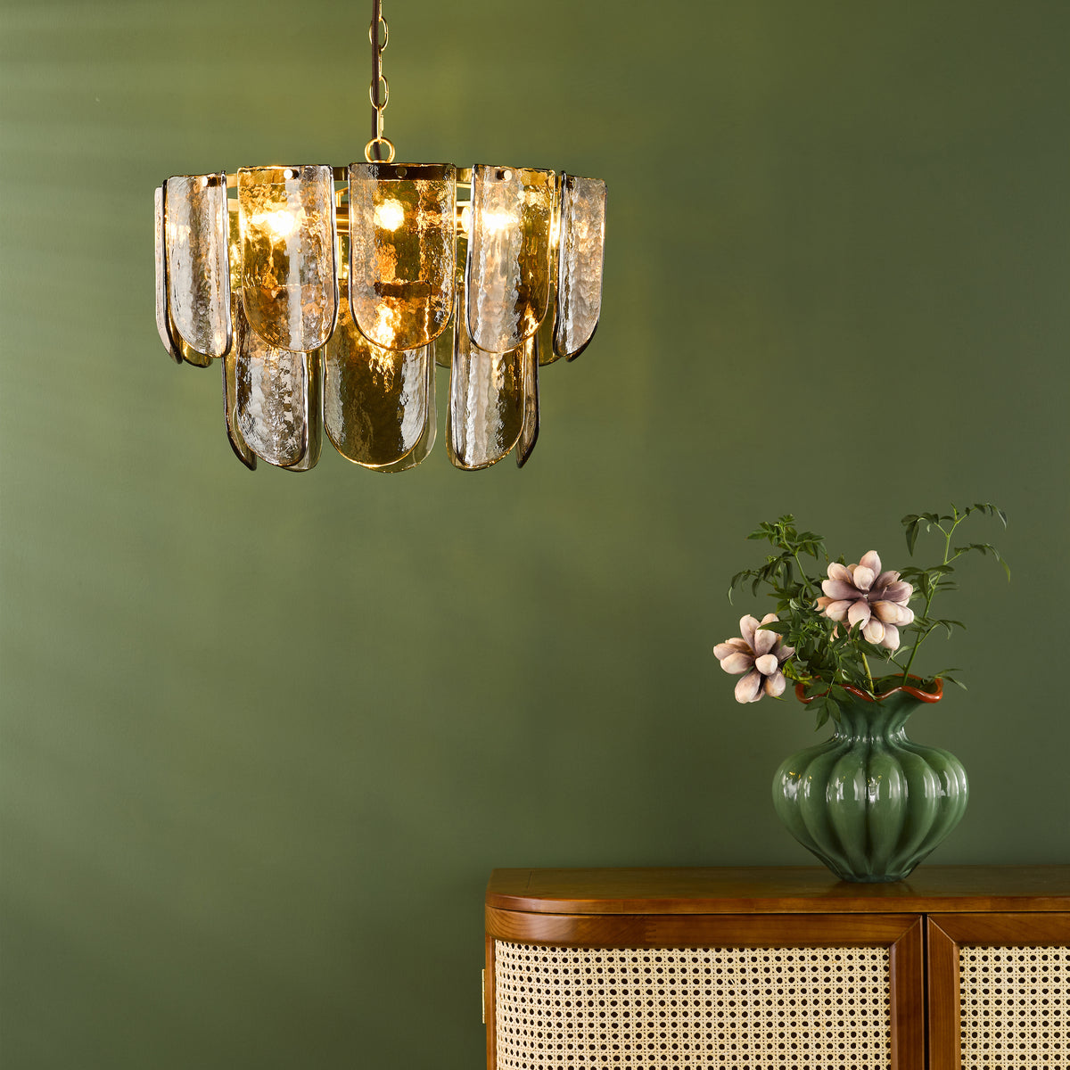 Anielle Seven Light Chandelier in Natural Brass with Tea Smoked Glass Panels