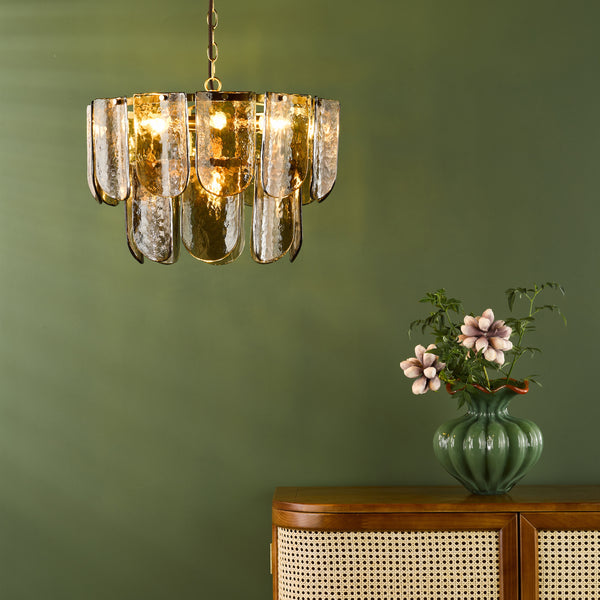 Anielle Seven Light Chandelier in Natural Brass with Tea Smoked Glass Panels