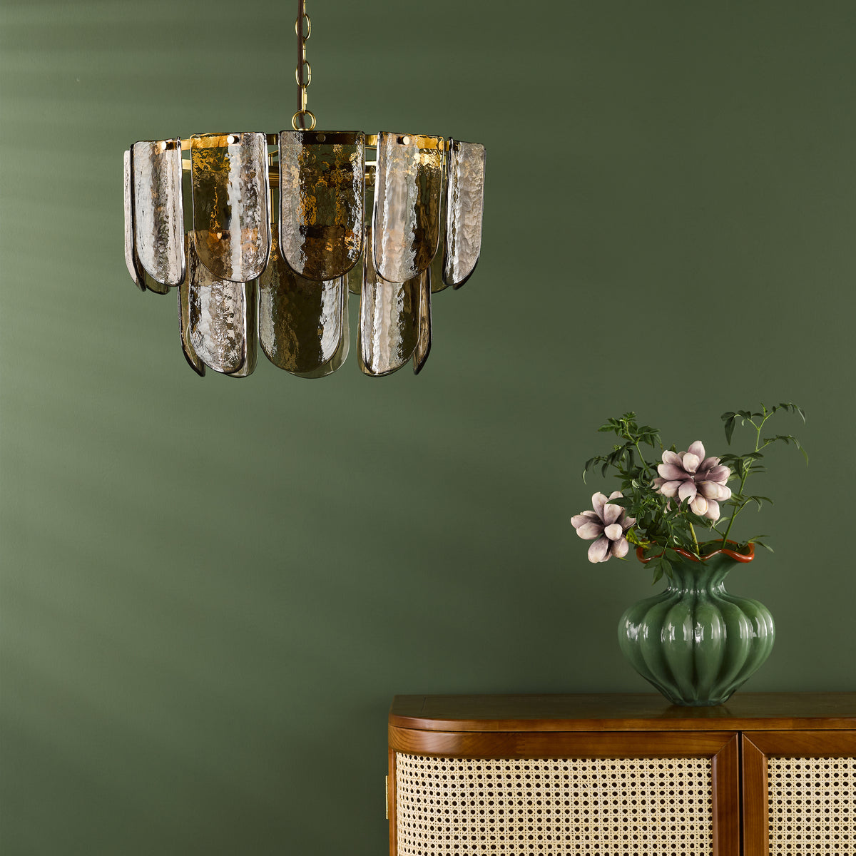 Anielle Seven Light Chandelier in Natural Brass with Tea Smoked Glass Panels