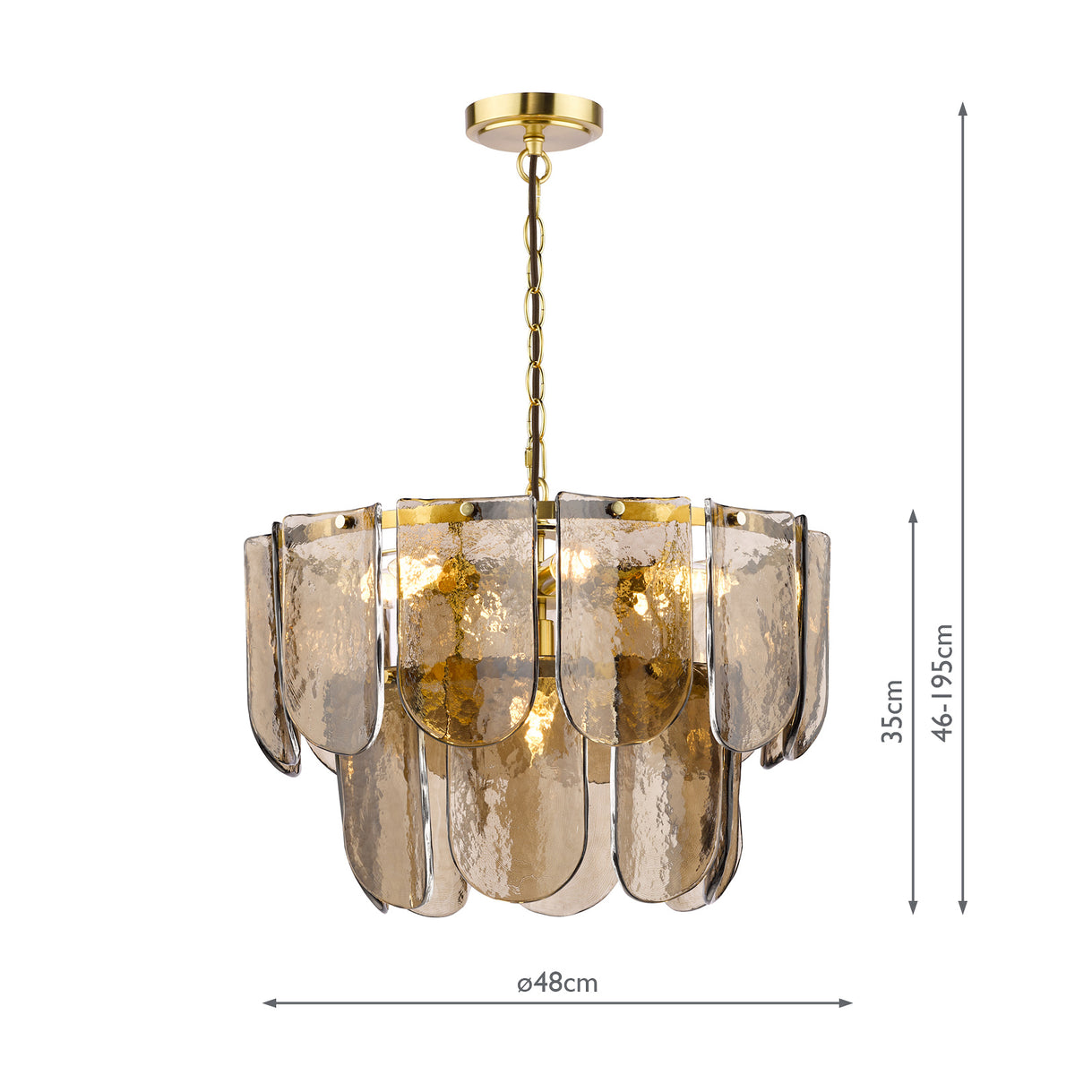 Anielle Seven Light Chandelier in Natural Brass with Tea Smoked Glass Panels