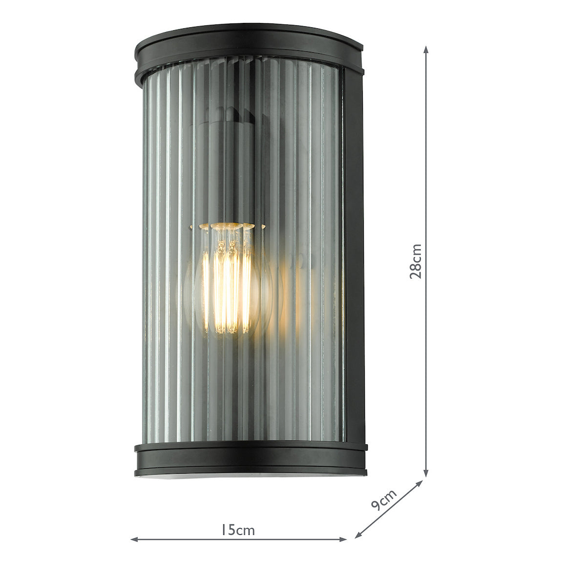 Black outdoor wall light with ribbed glass and exposed bulb, showing dimensions of 28cm height, 15cm width, and 9cm depth.