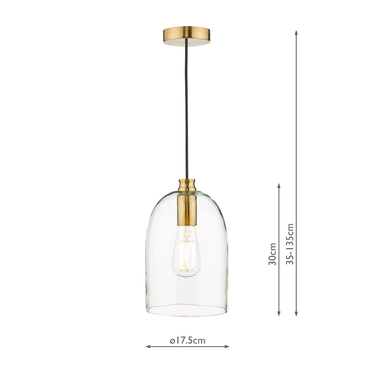 A clear glass bell-shaped pendant light with a brass fitting and exposed bulb, showing dimensions.
