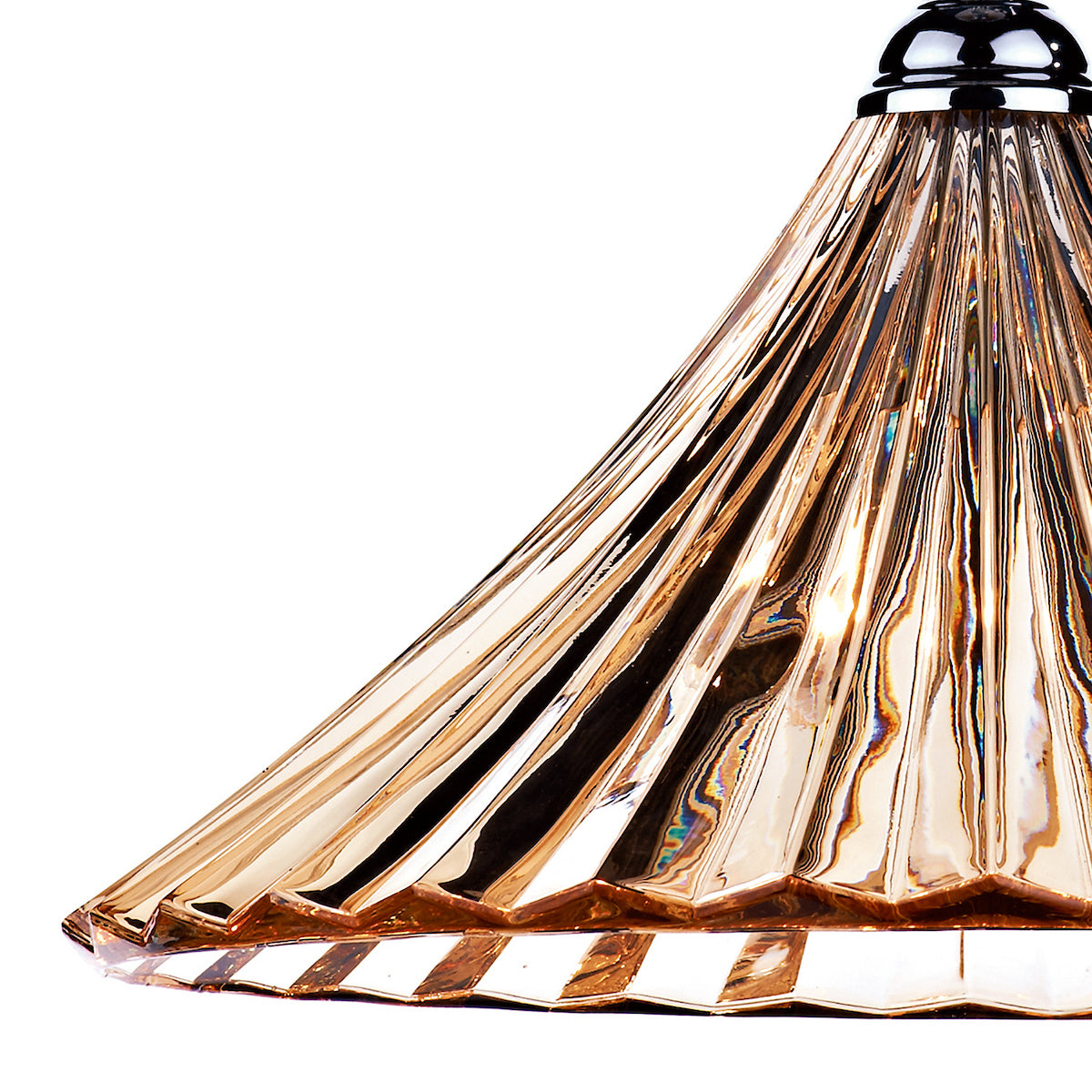 Close-up of a fluted, amber-colored glass lampshade with a chrome top.