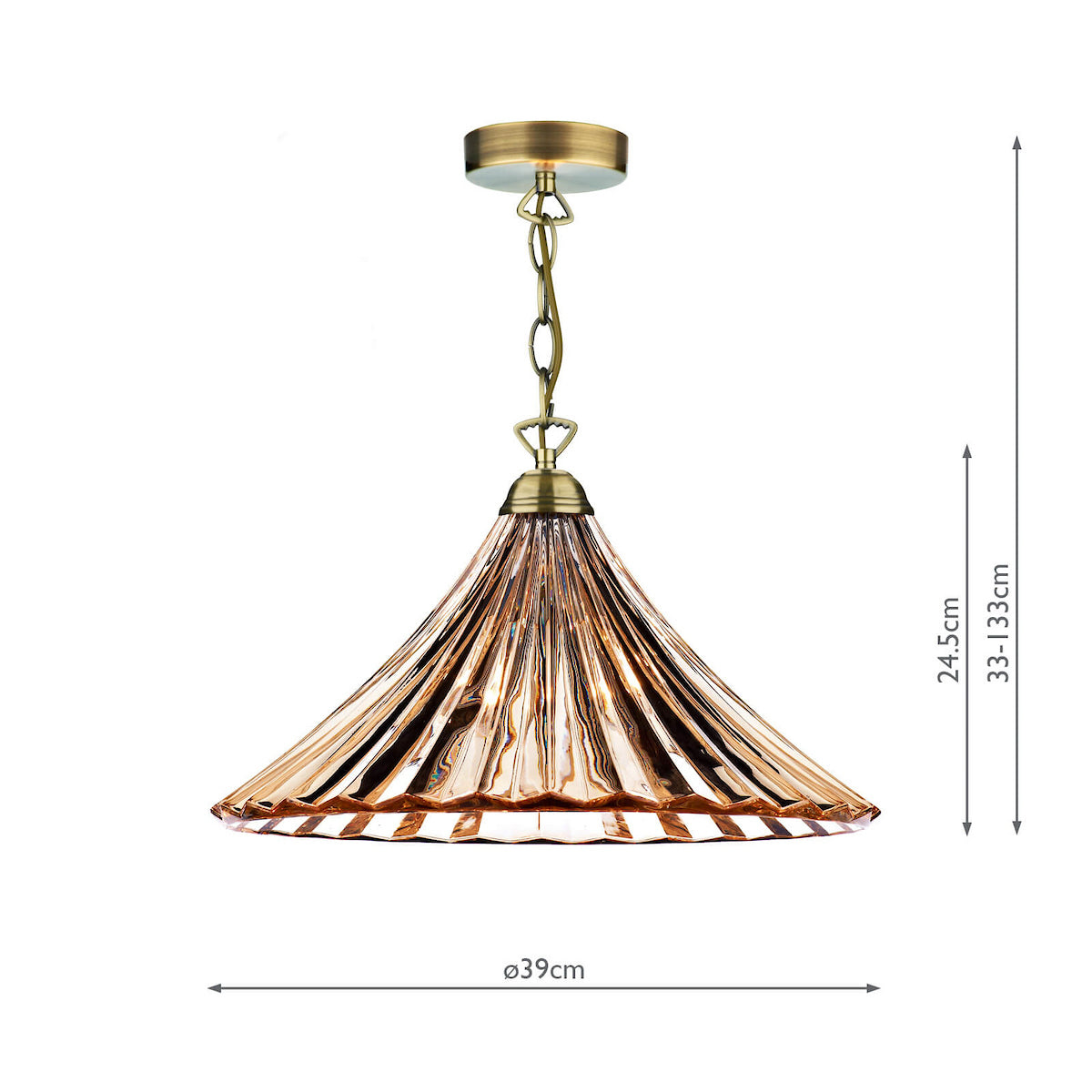 Bronze pendant light with a fluted amber glass shade and brass chain, showing dimensions.