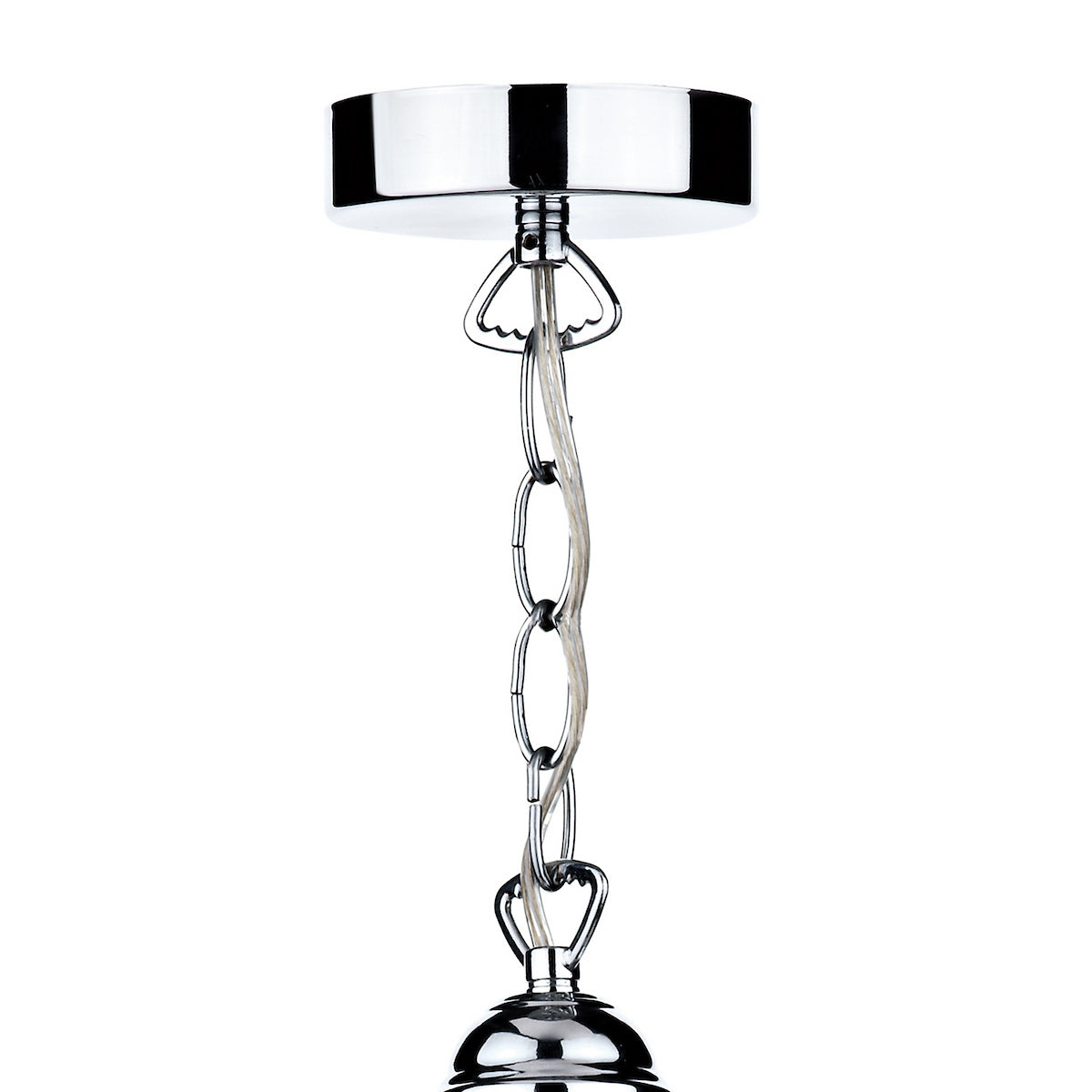 Chrome ceiling rose with chain and cable for a pendant light.