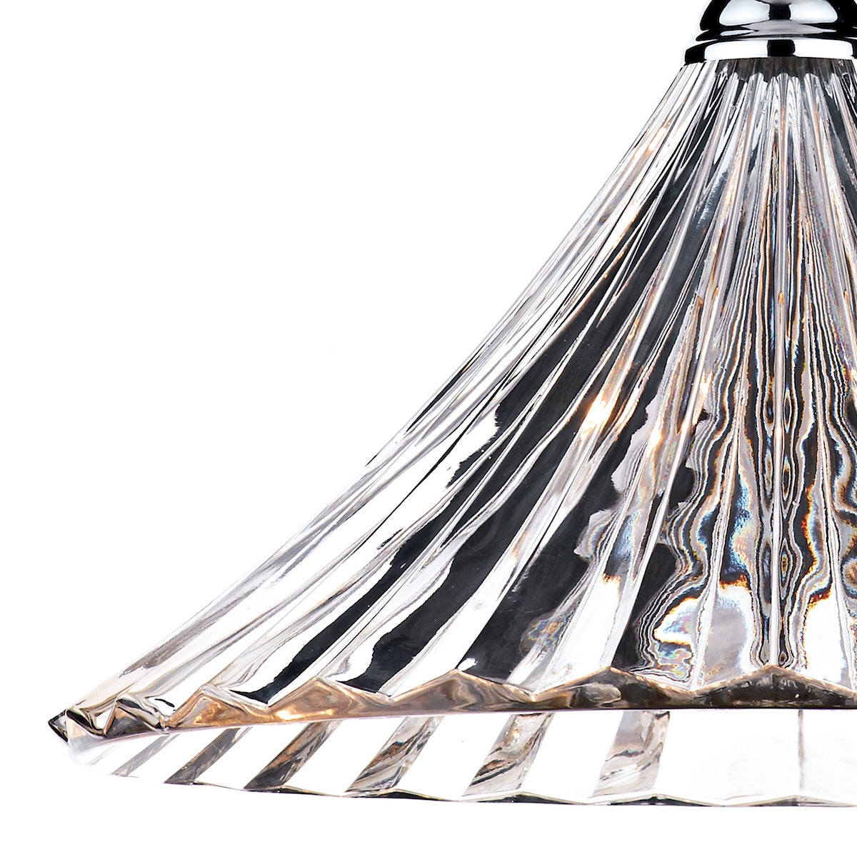 Close-up of a clear, fluted glass lampshade with a chrome top, reflecting light.