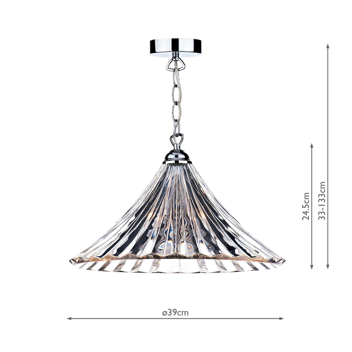 Clear glass pendant light with chrome chain and ceiling rose, showing dimensions.