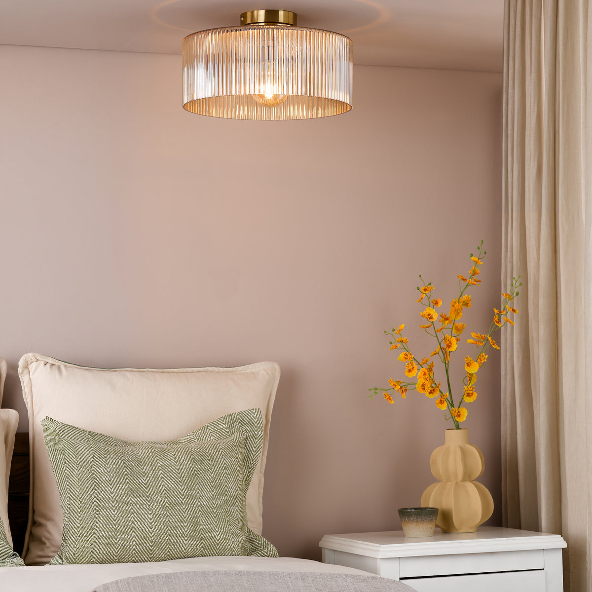 Arlo Semi Flush Ceiling Light  in Antique Bronze with Champange Ribbed Glass Shade