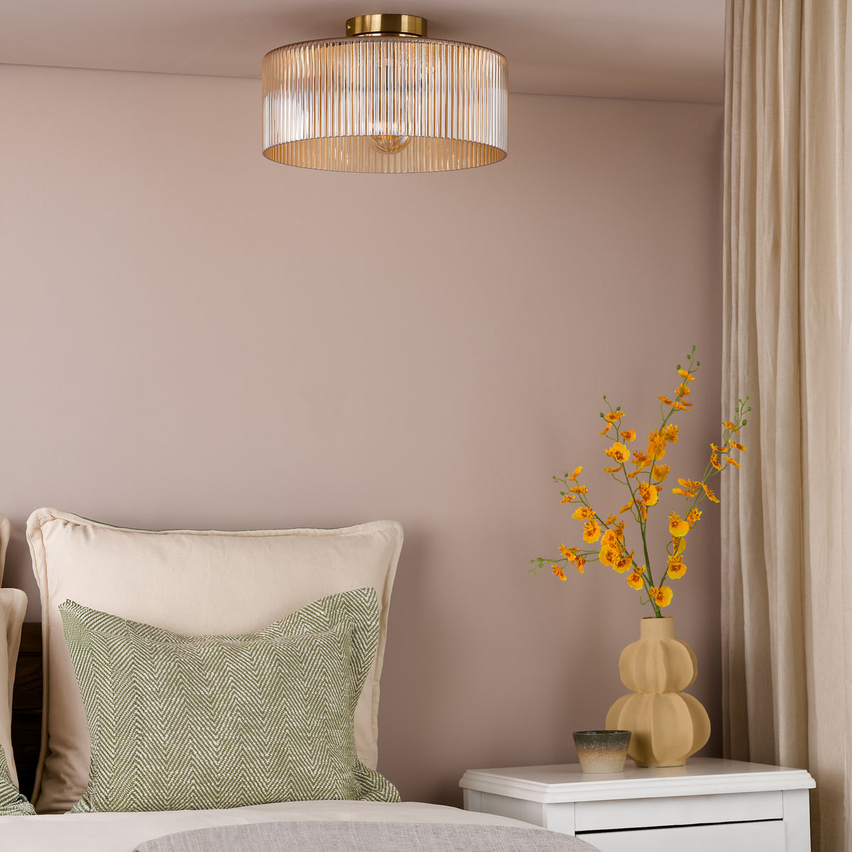 Arlo Semi Flush Ceiling Light  in Antique Bronze with Champange Ribbed Glass Shade