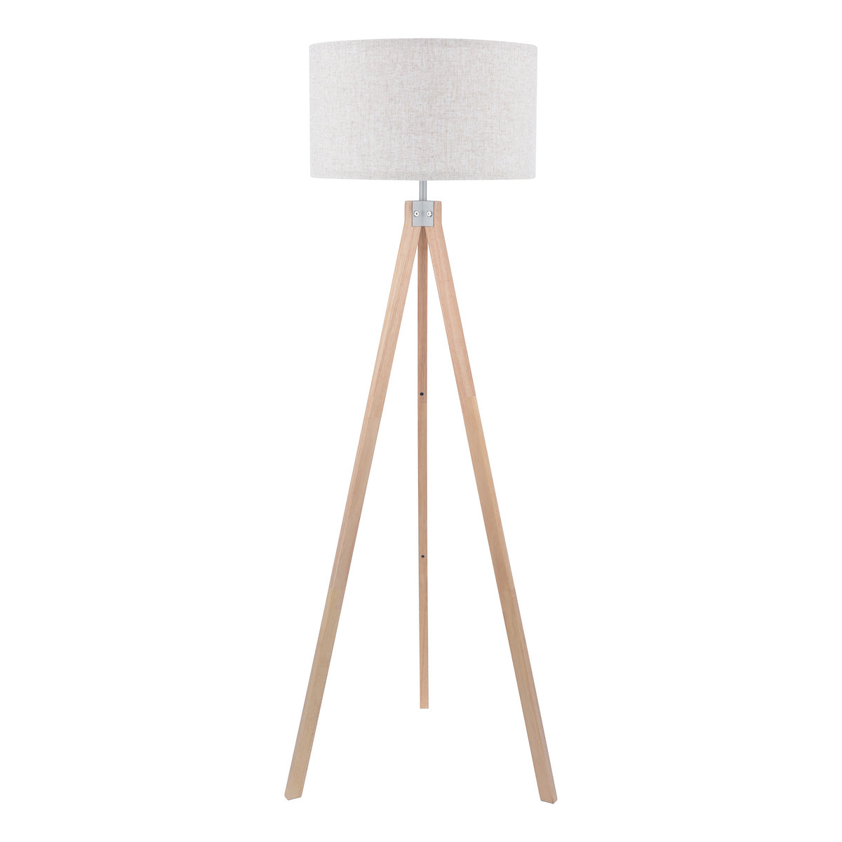 Tripod floor lamp with a light wood base and a neutral fabric shade.