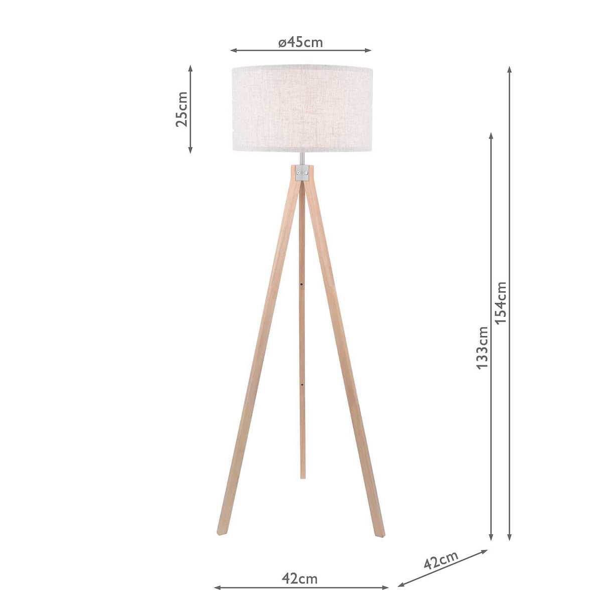 Floor lamp with a light fabric shade and wooden tripod legs, showing dimensions.