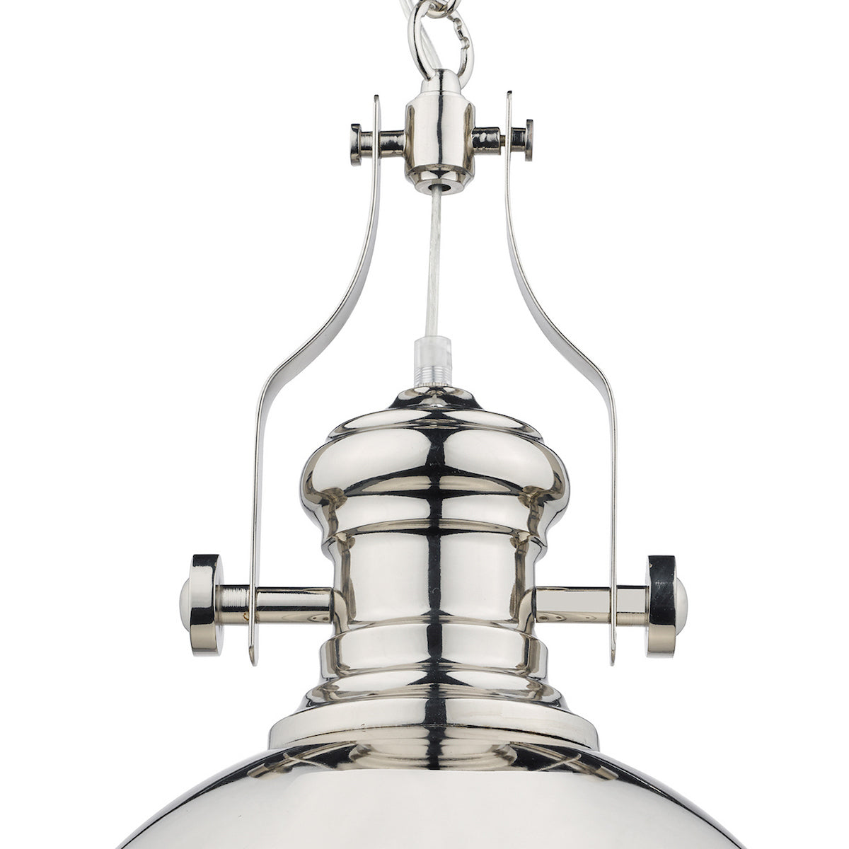 Close-up of a polished nickel pendant light fixture with a bell-shaped base and curved arms.