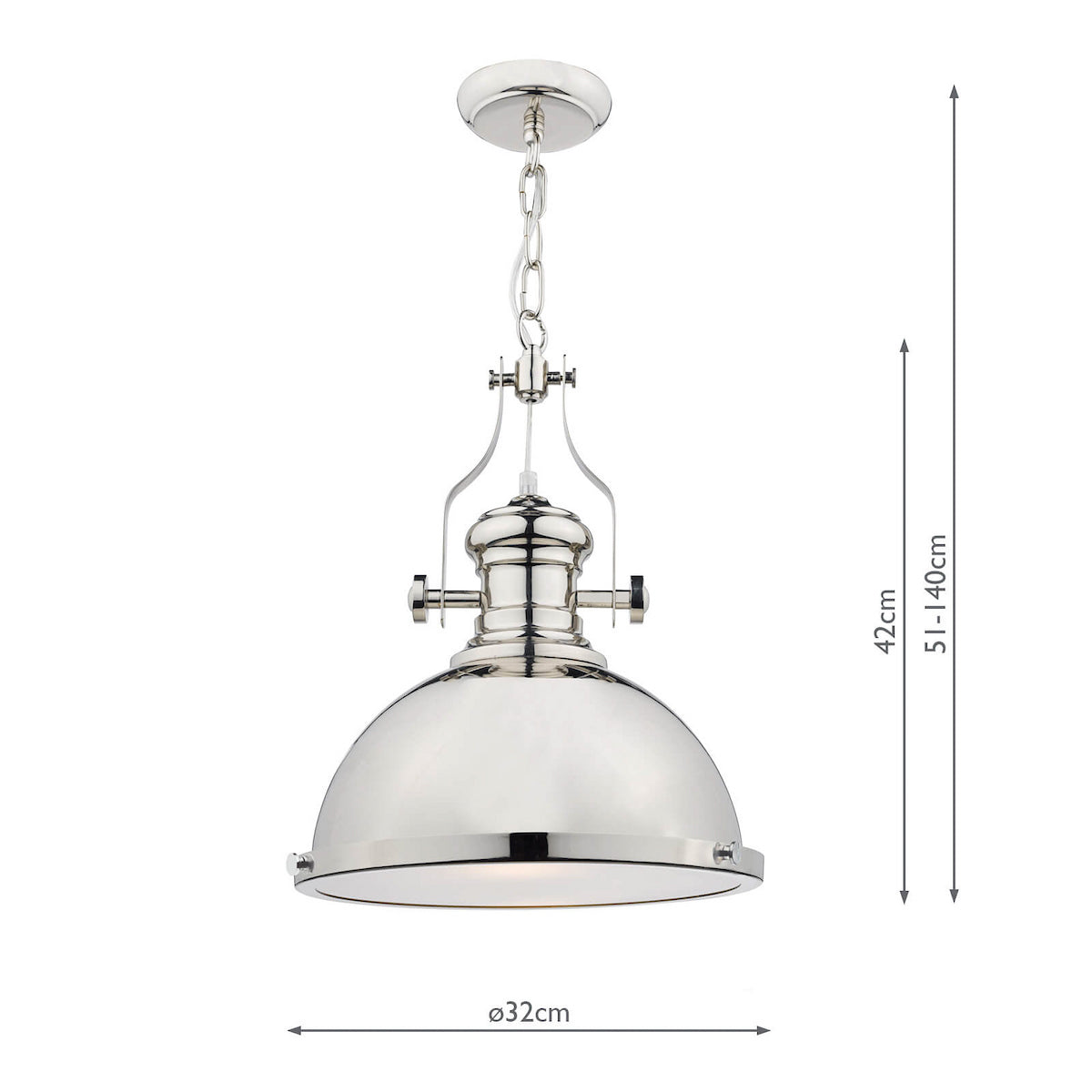 Polished nickel pendant light with a domed shade and chain suspension.