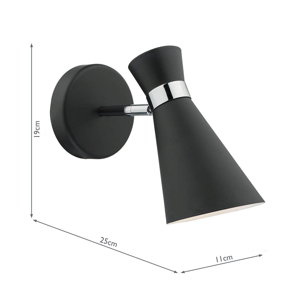Black wall light with a conical shade and chrome accents, showing dimensions of 19cm, 25cm, and 11cm.