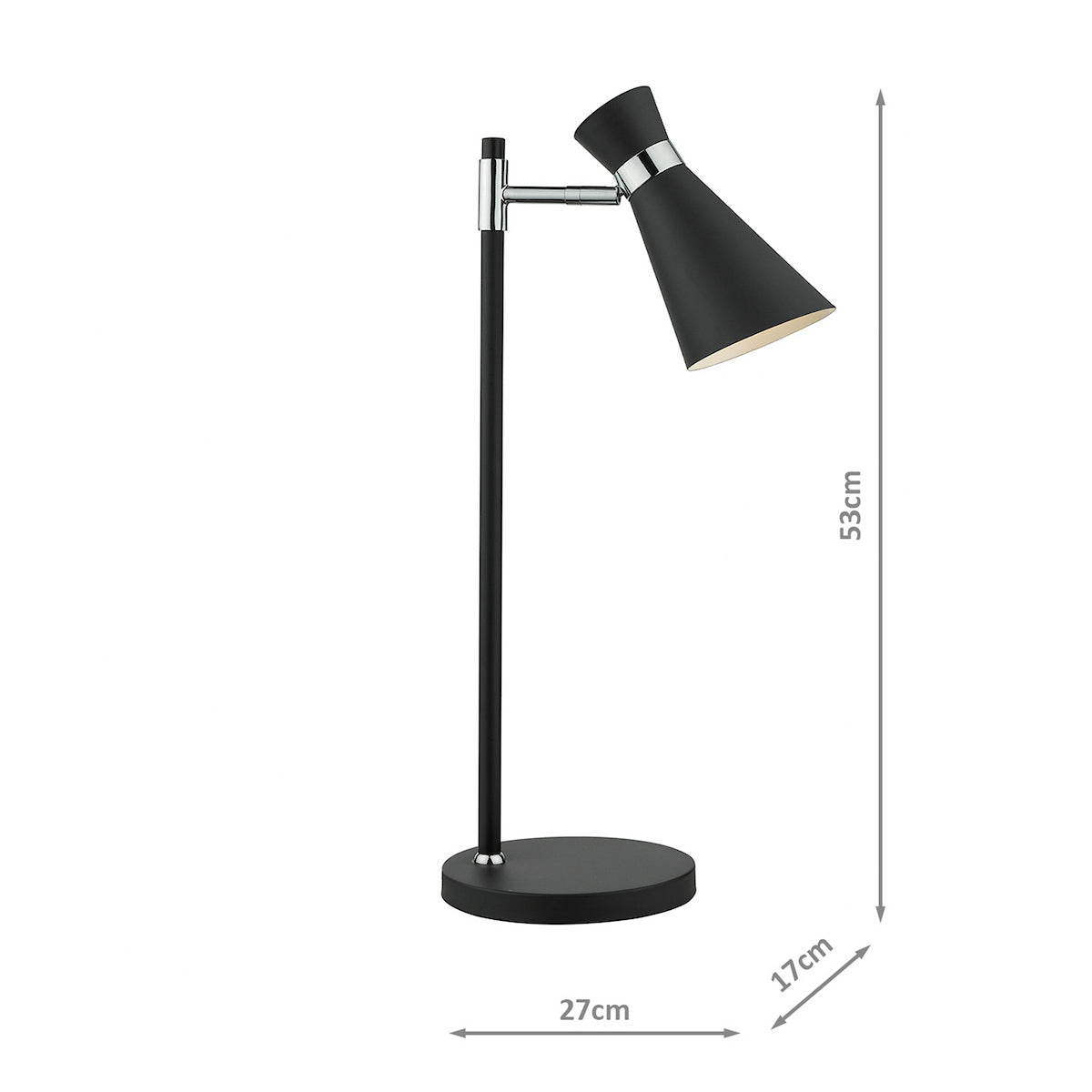 Black and chrome desk lamp with a conical shade, measuring 53cm high, 27cm wide, and 17cm deep.