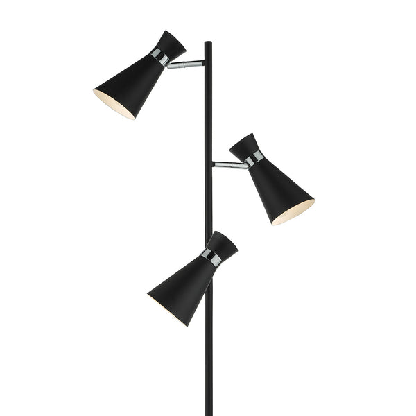 Black floor lamp with three adjustable cone-shaped shades.