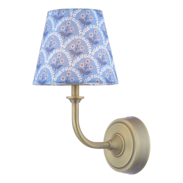 Joules Apsley rechargeable wall light in matt antique brass with blue floral cotton shade
